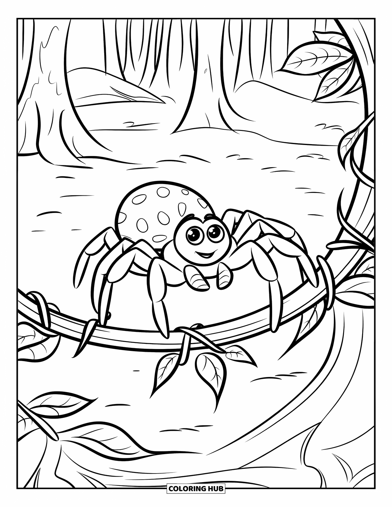 Spider Coloring Page for Kids: A spider with big eyes explores a vine-covered stump in a forest clearing