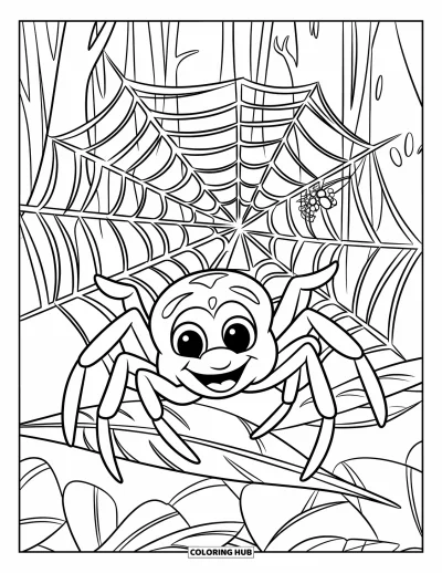 Coloriage d'araignées pour enfants : Une araignée aux grands yeux tisse une toile fine entre deux branches d'arbre