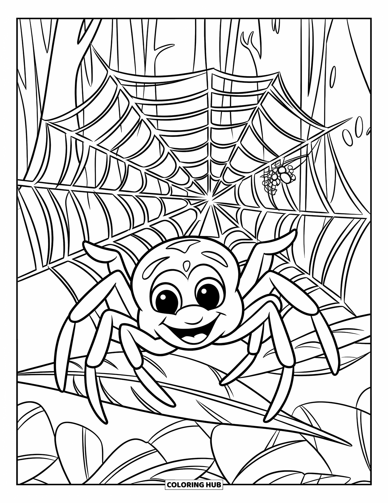 Spider Coloring Page for Kids: A spider with big eyes spins a delicate web between two tree branches