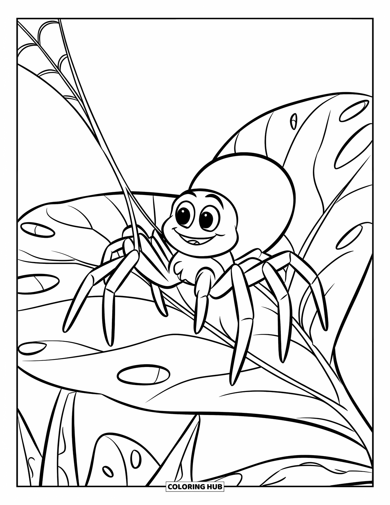Spider Coloring Page for Kids: A spider with eight legs holds a strand while sitting on a big leaf
