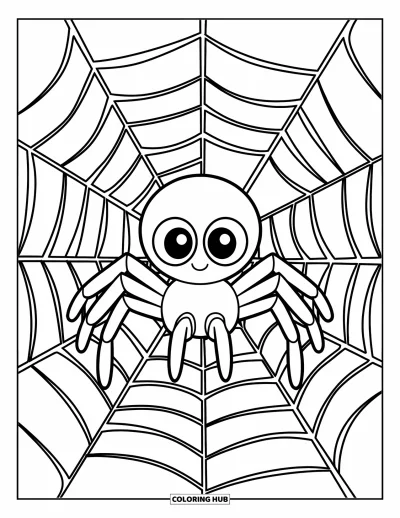 Coloriage d'araignées pour enfants : Une douce araignée à huit pattes sourit depuis le centre d'une toile circulaire
