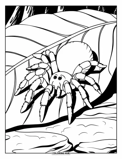 Coloriage d'araignées pour enfants : Une tarentule est assise sur une feuille au-dessus d'un sol rocheux dans une forêt silencieuse