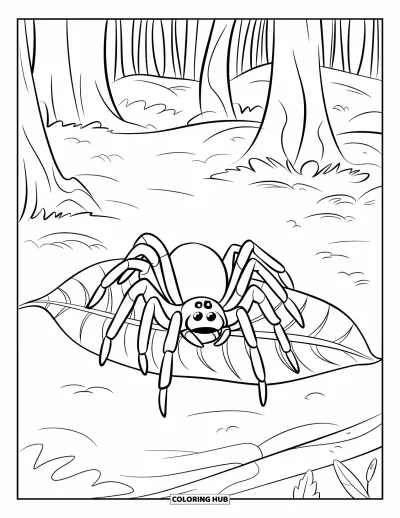 Coloriage d'araignées pour enfants : Une tarentule aux longues pattes se repose sur une feuille entourée de grands arbres