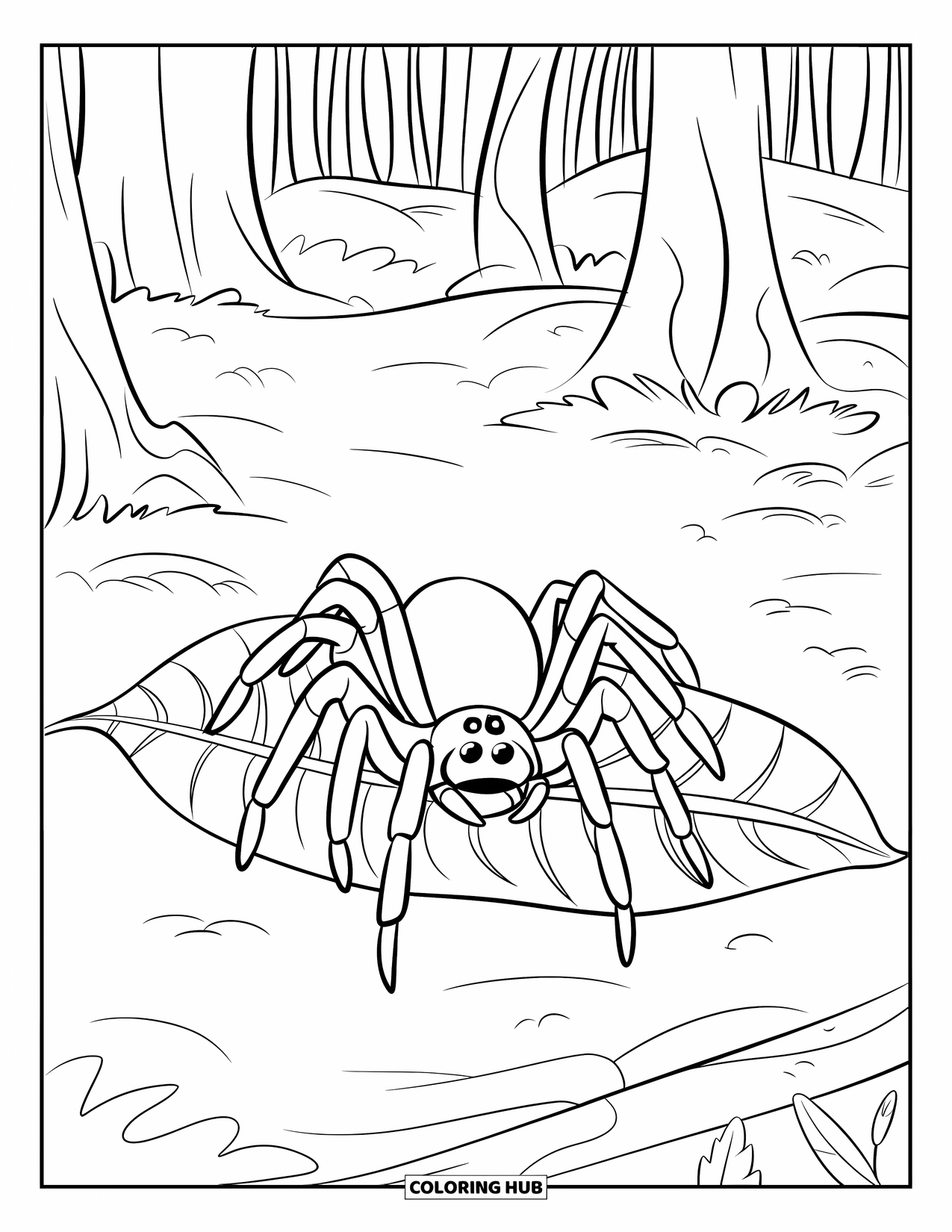 Spider Coloring Page for Kids: A tarantula with long legs rests on a leaf surrounded by tall trees