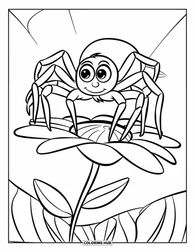 Coloriage d'araignées pour enfants : Une araignée aux yeux écarquillés tient en équilibre sur une fleur dans un espace ouvert et calme