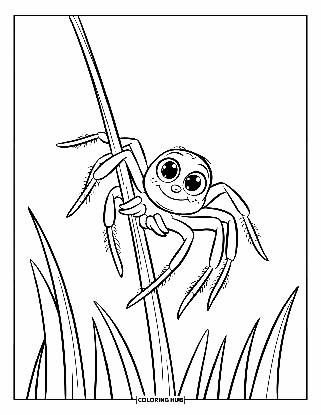 Spider Coloring Page for Kids: A wide-eyed spider gently climbs up a thin, bending grass blade