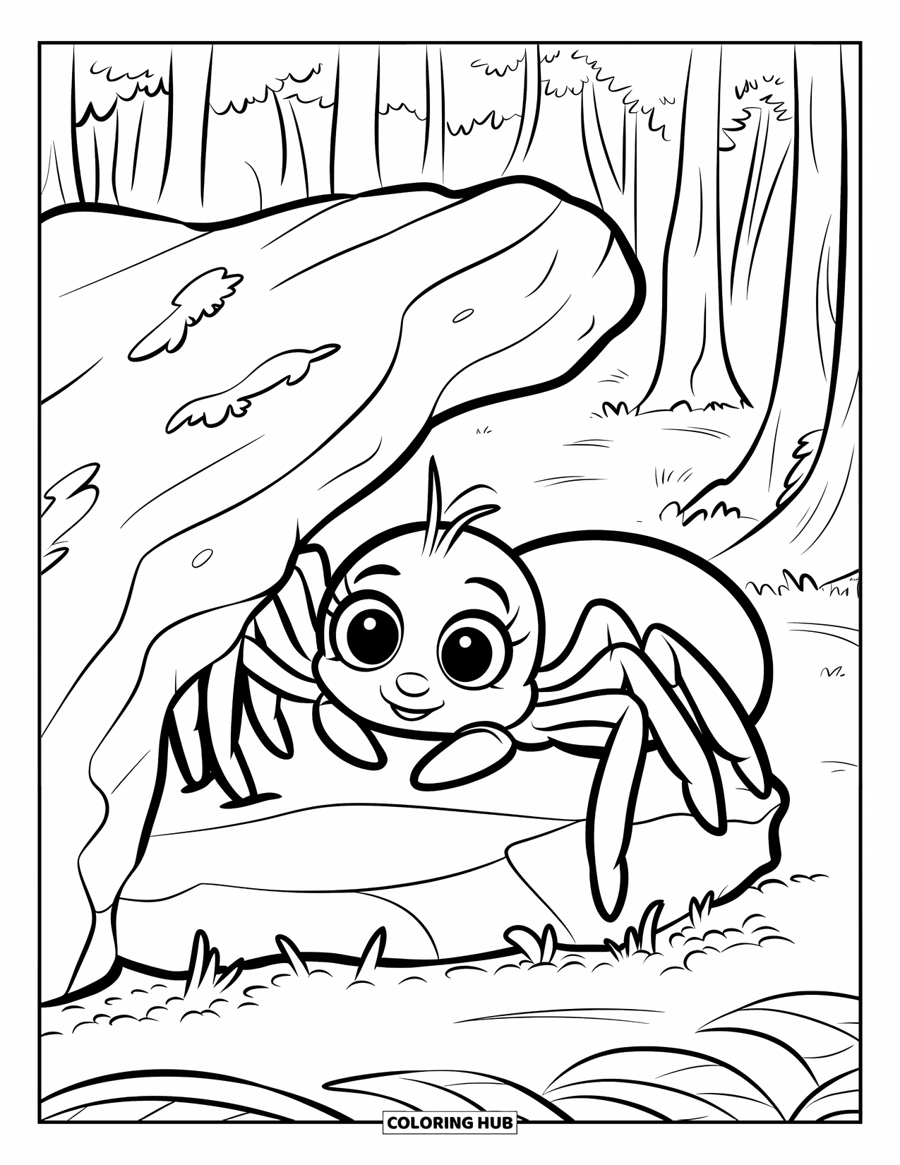 Spider Coloring Page for Kids: A wide-eyed spider hides behind a mossy rock in a peaceful forest