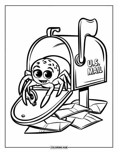 Coloriage d'araignées pour enfants : Une araignée aux yeux ronds tenant une clé est assise dans une boîte aux lettres marquée 