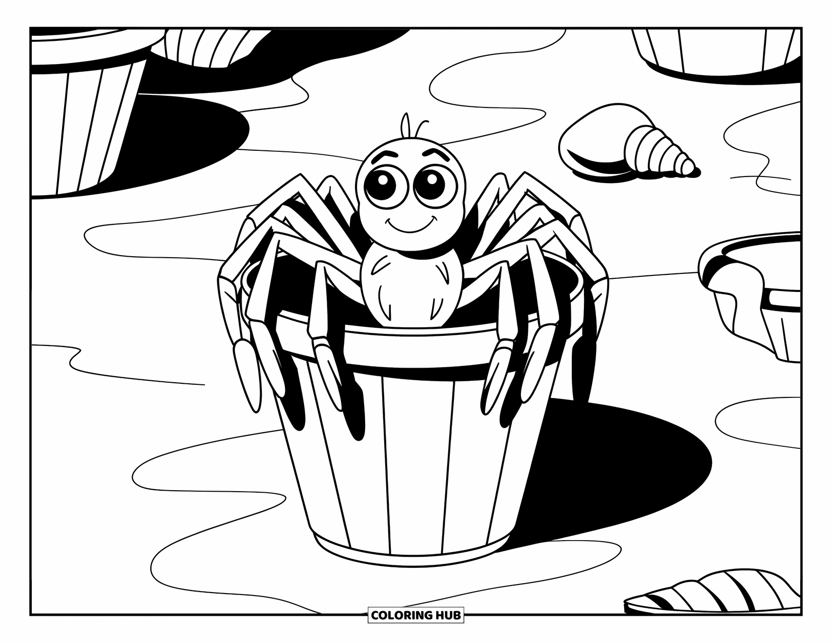Spider Coloring Page for Kids: A wide-eyed spider sits in a bucket on the sand with toys and shells nearby