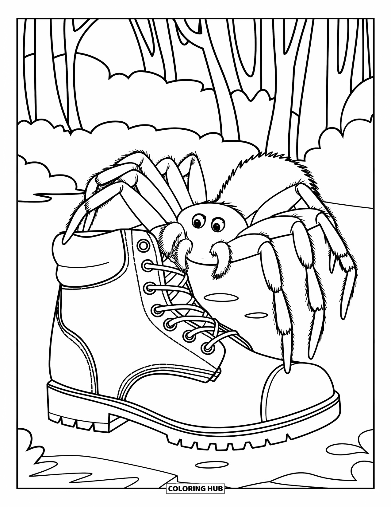 Spider Coloring Page for Kids: A wolf spider perches on a hiking boot in a forest clearing