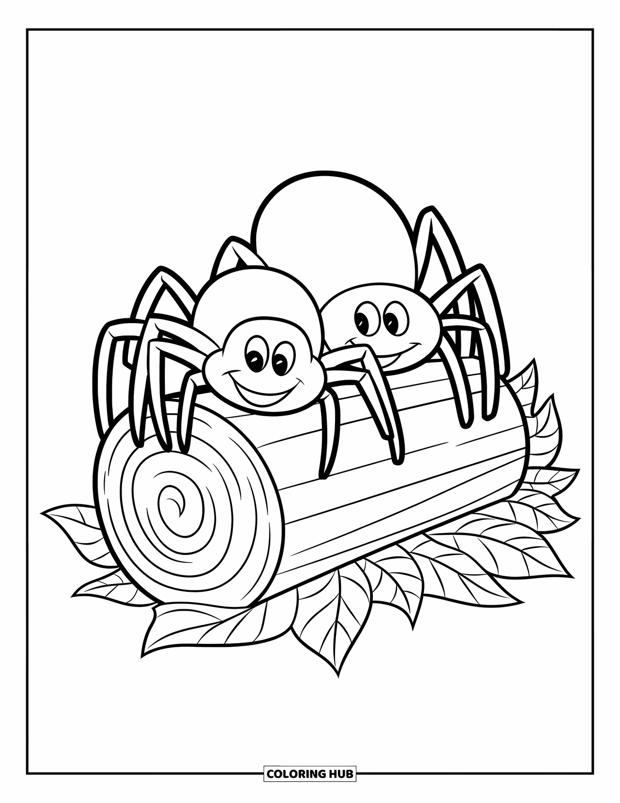 Spider Coloring Page for Kids: Two cheerful spiders sit together on a log surrounded by scattered leaves