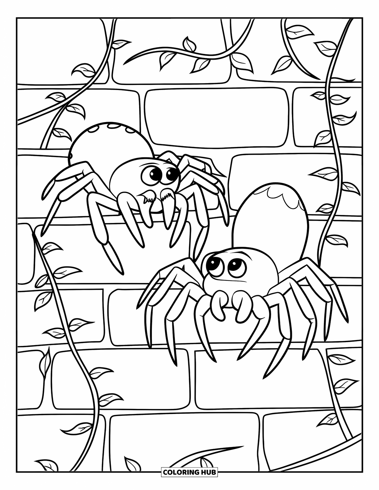 Spider Coloring Page for Kids: Two curious spiders climb a brick wall wrapped in leafy ivy vines