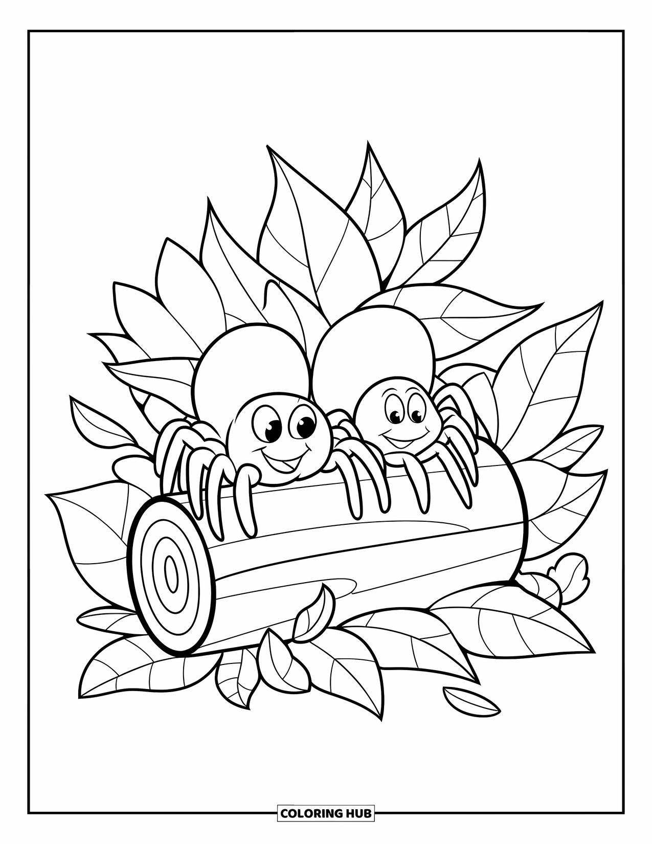 Spider Coloring Page for Kids: Two happy spiders rest on a leafy log with more leaves around them