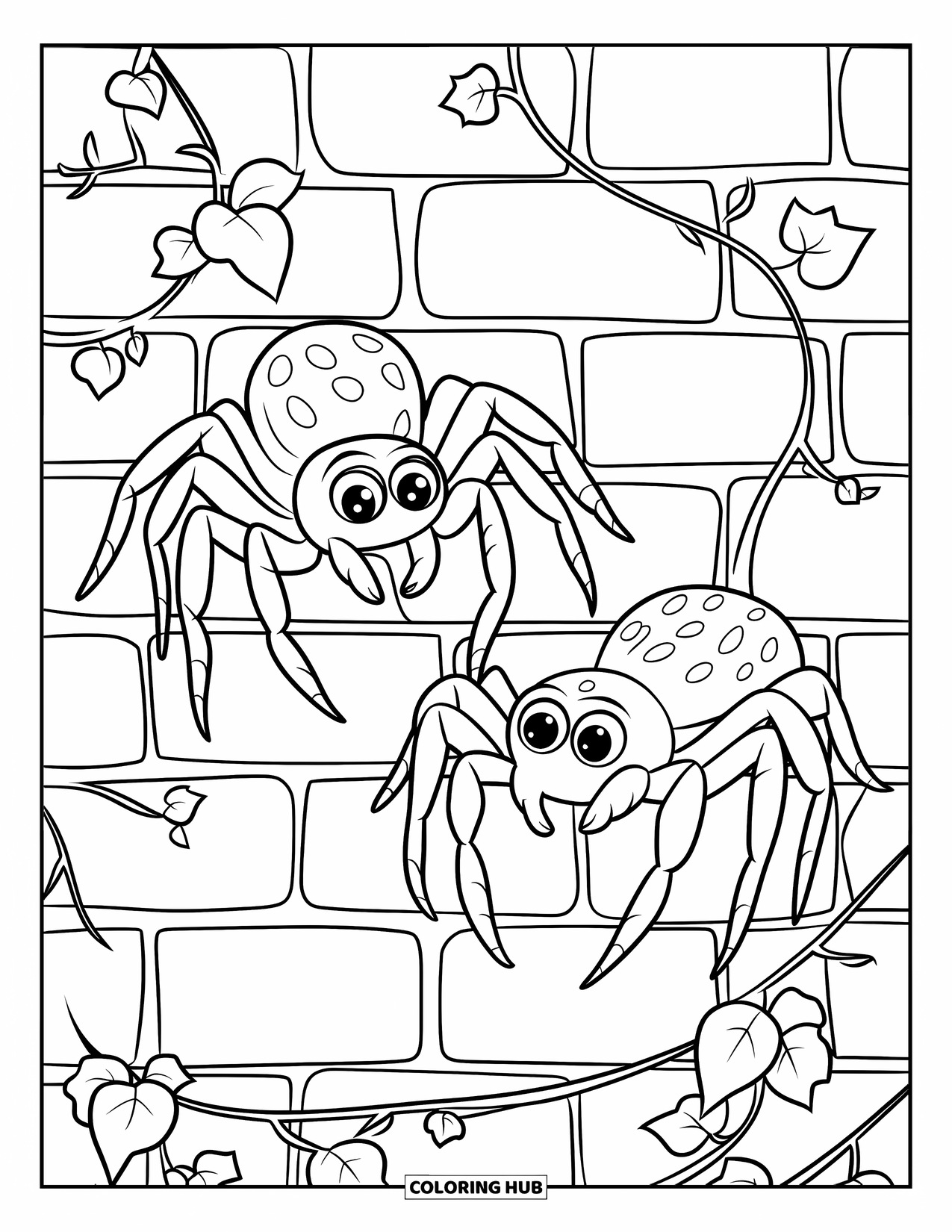 Spider Coloring Page for Kids: Two jumping spiders explore a brick wall covered in ivy with twisting leaves