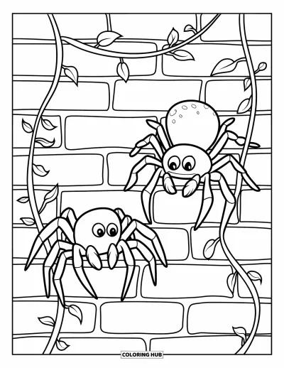Coloriage d'araignées pour enfants : Deux araignées rampent le long d'un mur de briques avec du lierre enroulé et des vrilles feuillues