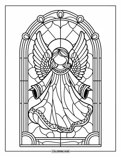 Stained Glass Coloring Page for Adults: Angelic figure with feathered wings in a stained glass window