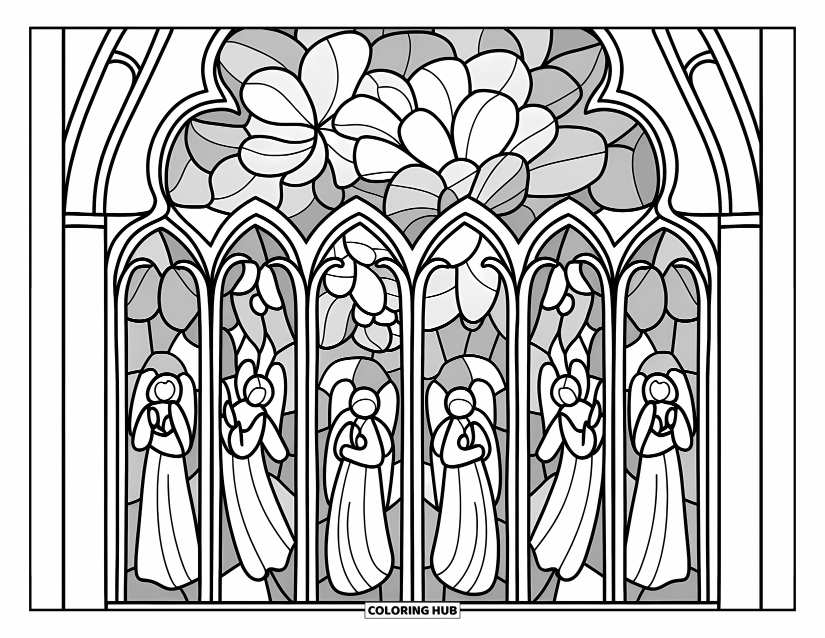 Desenho de Vitral para Colorir para Adultos: Entrada angelical de vitral com arcos e molduras alinhadas com flores