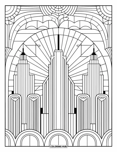 Stained Glass Coloring Page for Adults: Art Deco city skyline in stained glass with bold sunburst sky