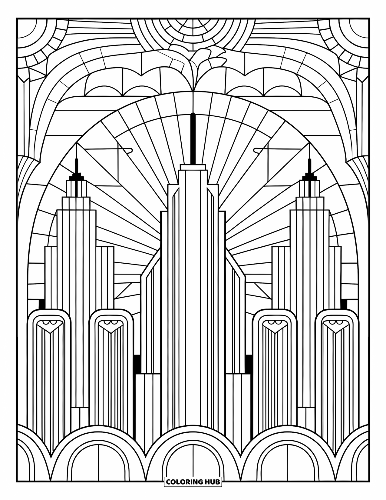 Desenho de Vitral para Colorir para Adultos: Skyline Art Déco da cidade em vitral com céu radiante e ousado