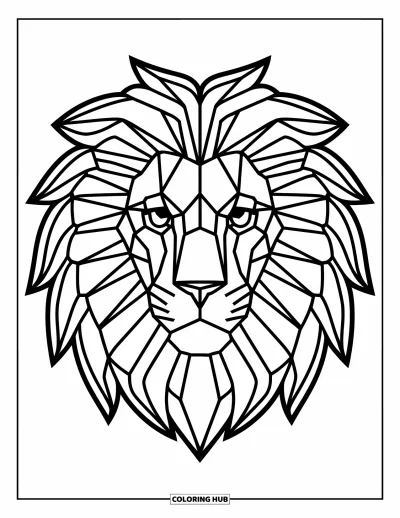 Stained Glass Coloring Page for Adults: Bold stained glass lion head with symmetrical, fiery mane
