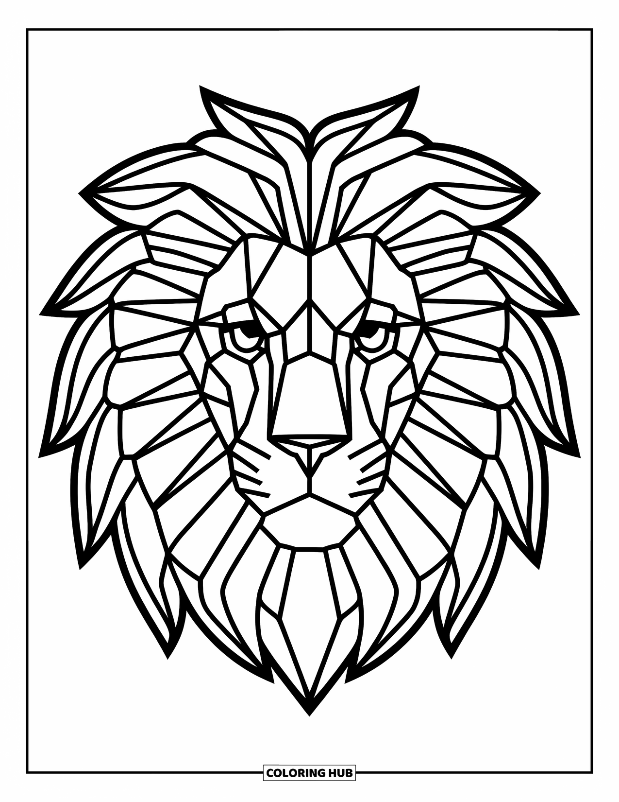 Desenho de Vitral para Colorir para Adultos: Cabeça de leão de vitral ousada com juba simétrica e flamejante
