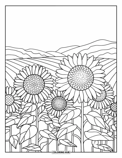 Stained Glass Coloring Page for Adults: Bright stained glass sunflowers under a calm, open sky