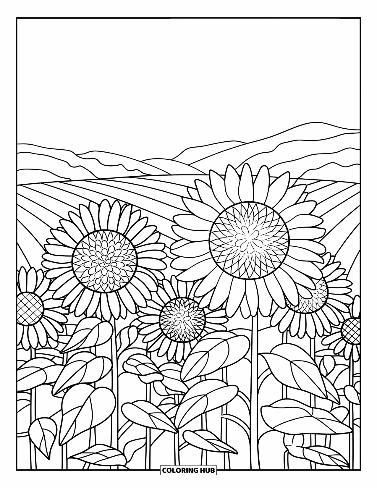 Desenho de Vitral para Colorir para Adultos: Girassóis de vitral brilhantes sob um céu calmo e aberto