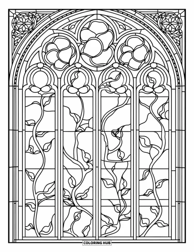 Stained Glass Coloring Page for Adults: Cathedral window with doves and vines in stained glass design