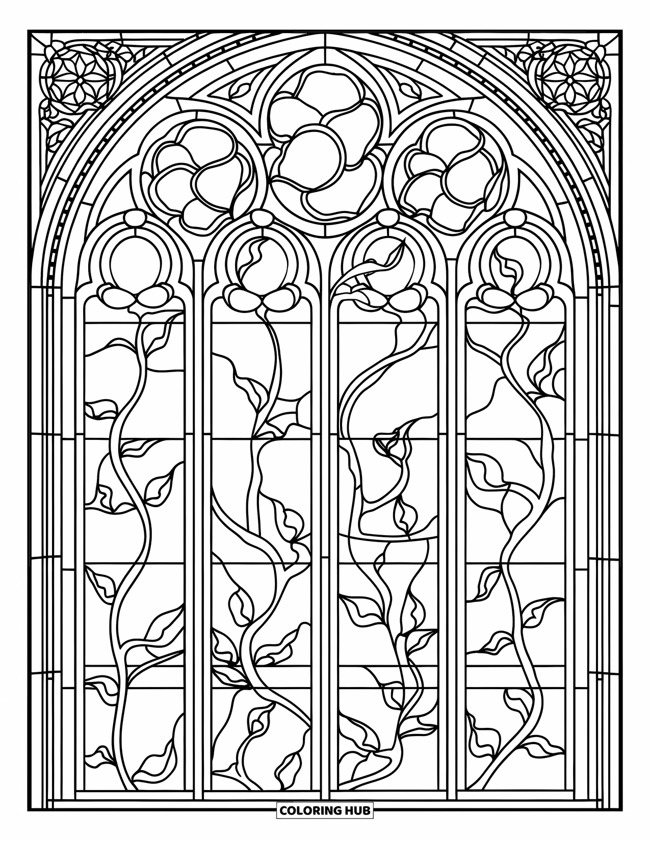 Desenho de Vitral para Colorir para Adultos: Janela de catedral com pombas e vinhas em design de vitral