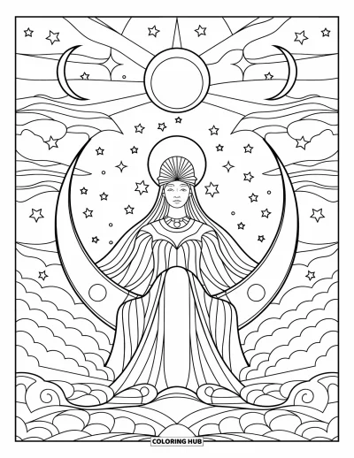Stained Glass Coloring Page for Adults: Crescent moon throne for a moon goddess in stained glass