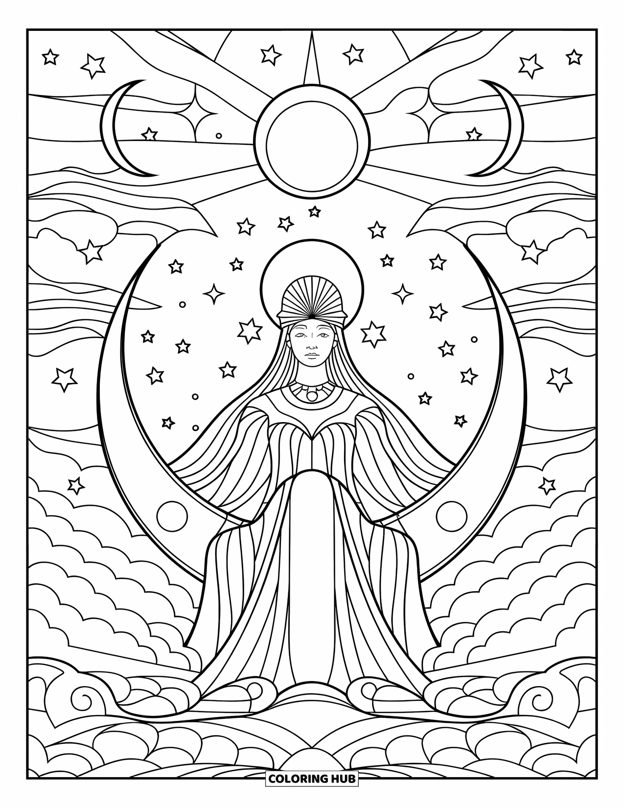 Desenho de Vitral para Colorir para Adultos: Trono de lua crescente para uma deusa da lua em vitral