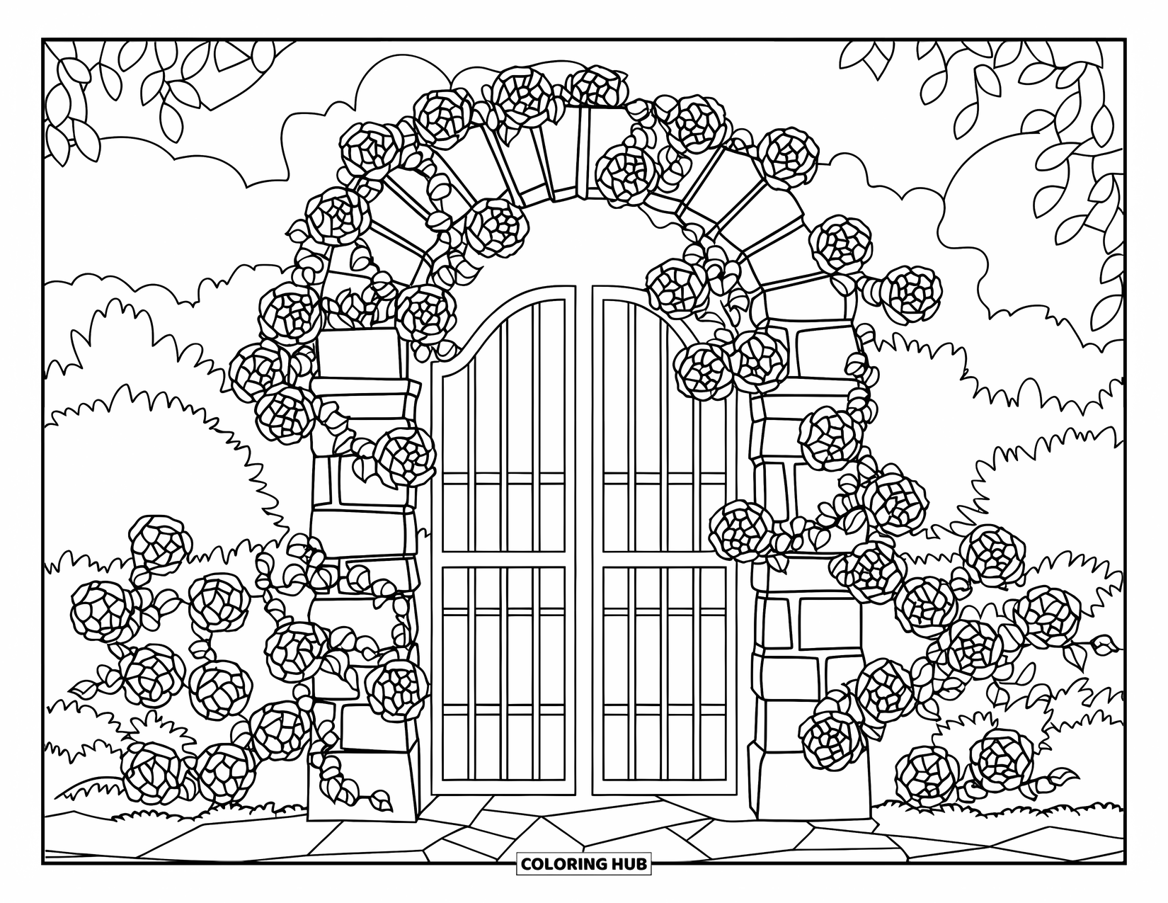 Desenho de Vitral para Colorir para Adultos: Portão de jardim curvo em vitral com rosas e hera florescendo