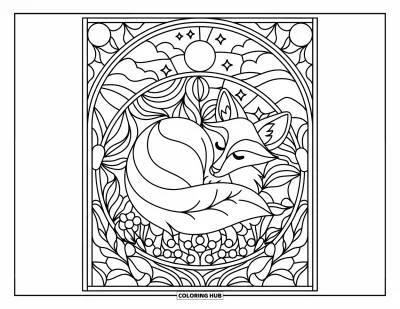 Stained Glass Coloring Page for Adults: Cute fox curled up in stained glass leaves beneath stars and moon