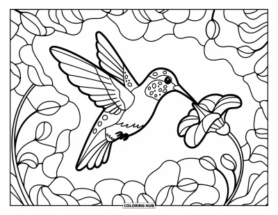 Stained Glass Coloring Page for Adults: Delicate hummingbird sipping nectar in a swirling stained glass garden