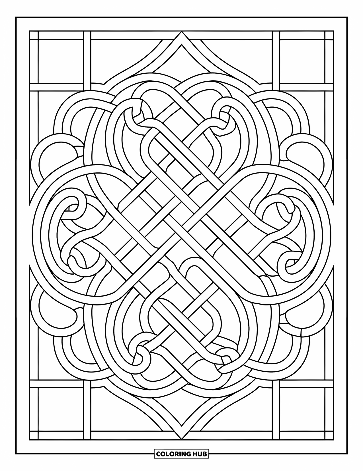 Desenho de Vitral para Colorir para Adultos: Design de nó celta detalhado em vitral com fluxo elegante