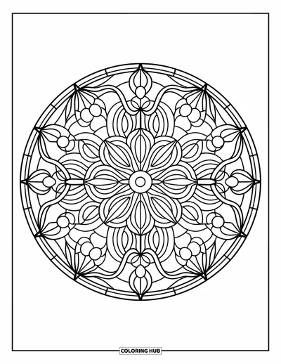 Stained Glass Coloring Page for Adults: Detailed circular mandala with stained glass floral patterns
