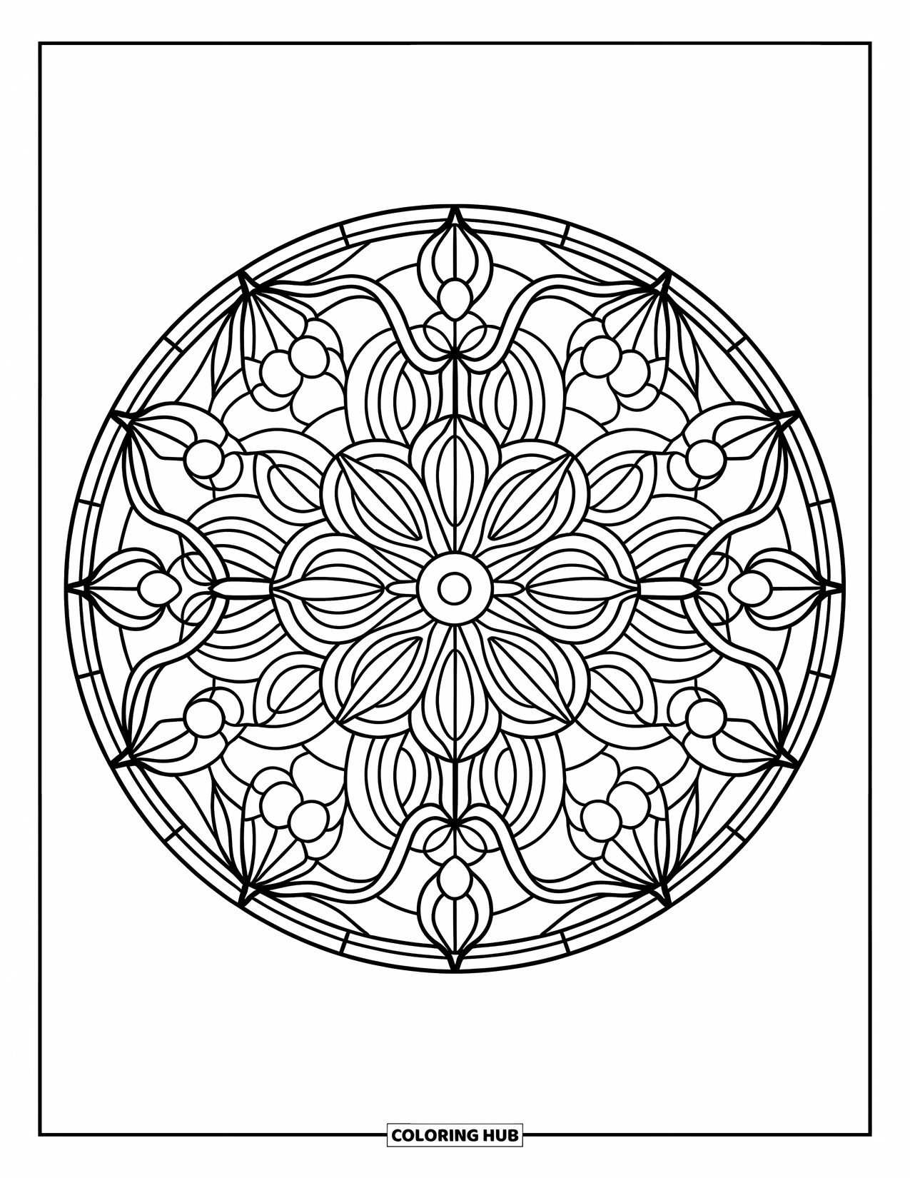 Desenho de Vitral para Colorir para Adultos: Mandala circular detalhada com padrões florais de vitral