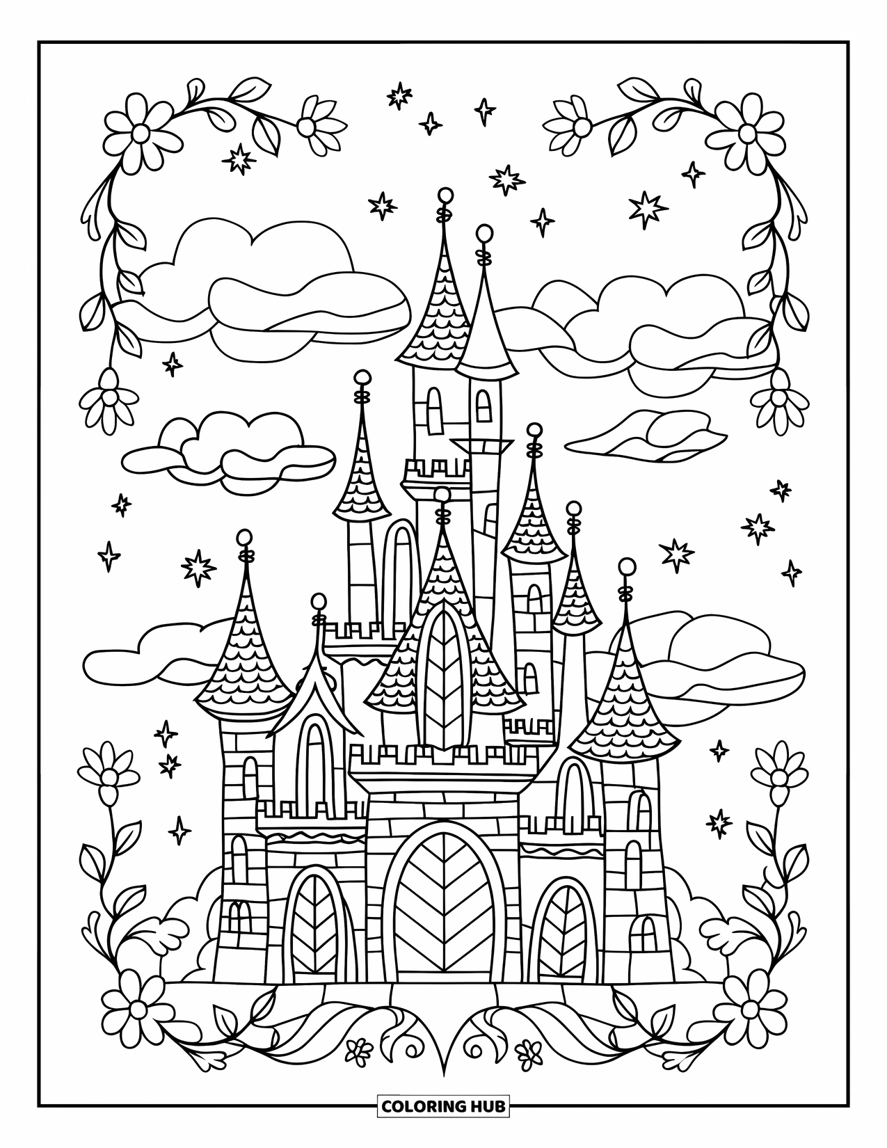 Desenho de Vitral para Colorir para Adultos: Castelo ao entardecer com nuvens e torres em um design de vitral