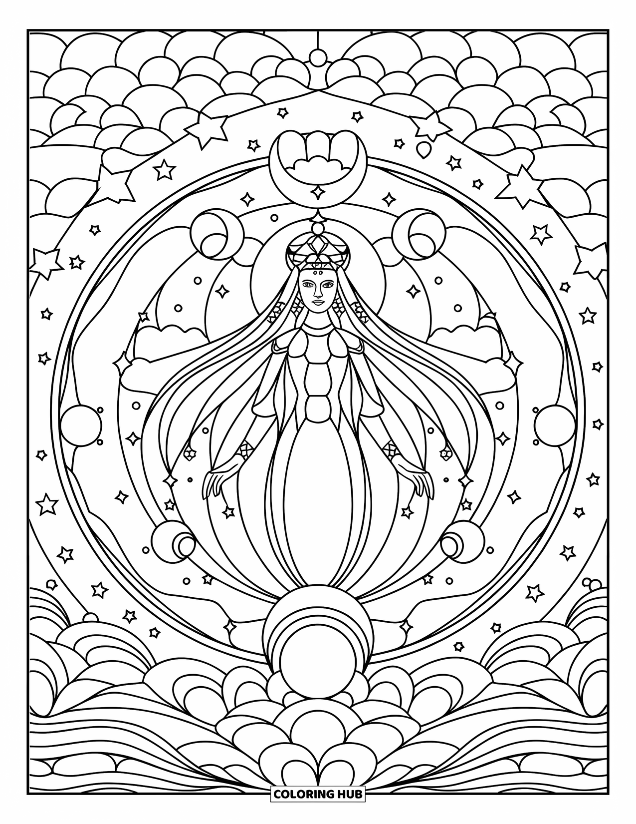 Desenho de Vitral para Colorir para Adultos: Deusa da lua elegante em pé sobre um crescente em estilo de vitral