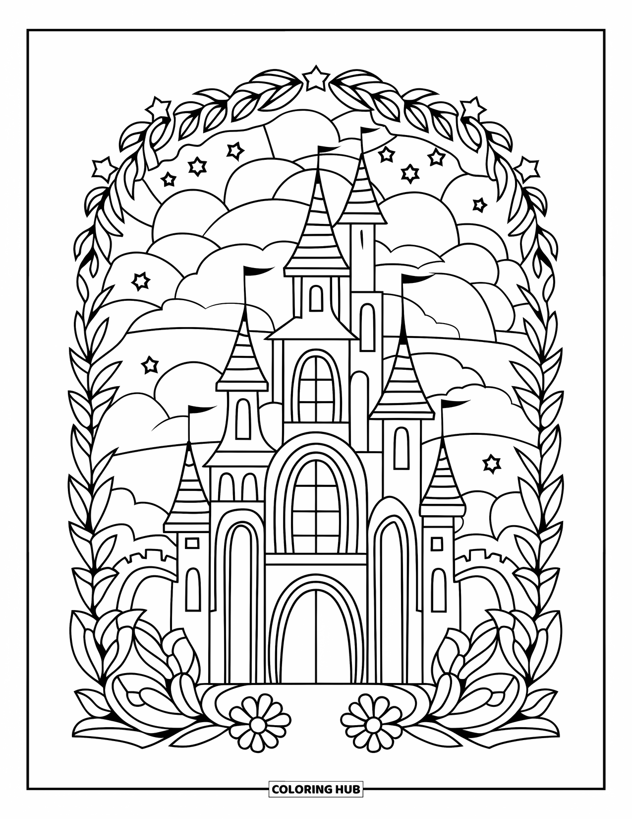 Desenho de Vitral para Colorir para Adultos: Castelo de conto de fadas com torres e estrelas em uma cena de vitral