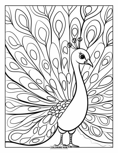 Stained Glass Coloring Page for Adults: Fancy peacock tail filled with gem-like shapes in stained glass style