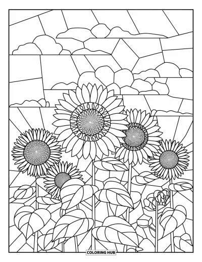 Stained Glass Coloring Page for Adults: Field of sunflowers in stained glass with clear sky above