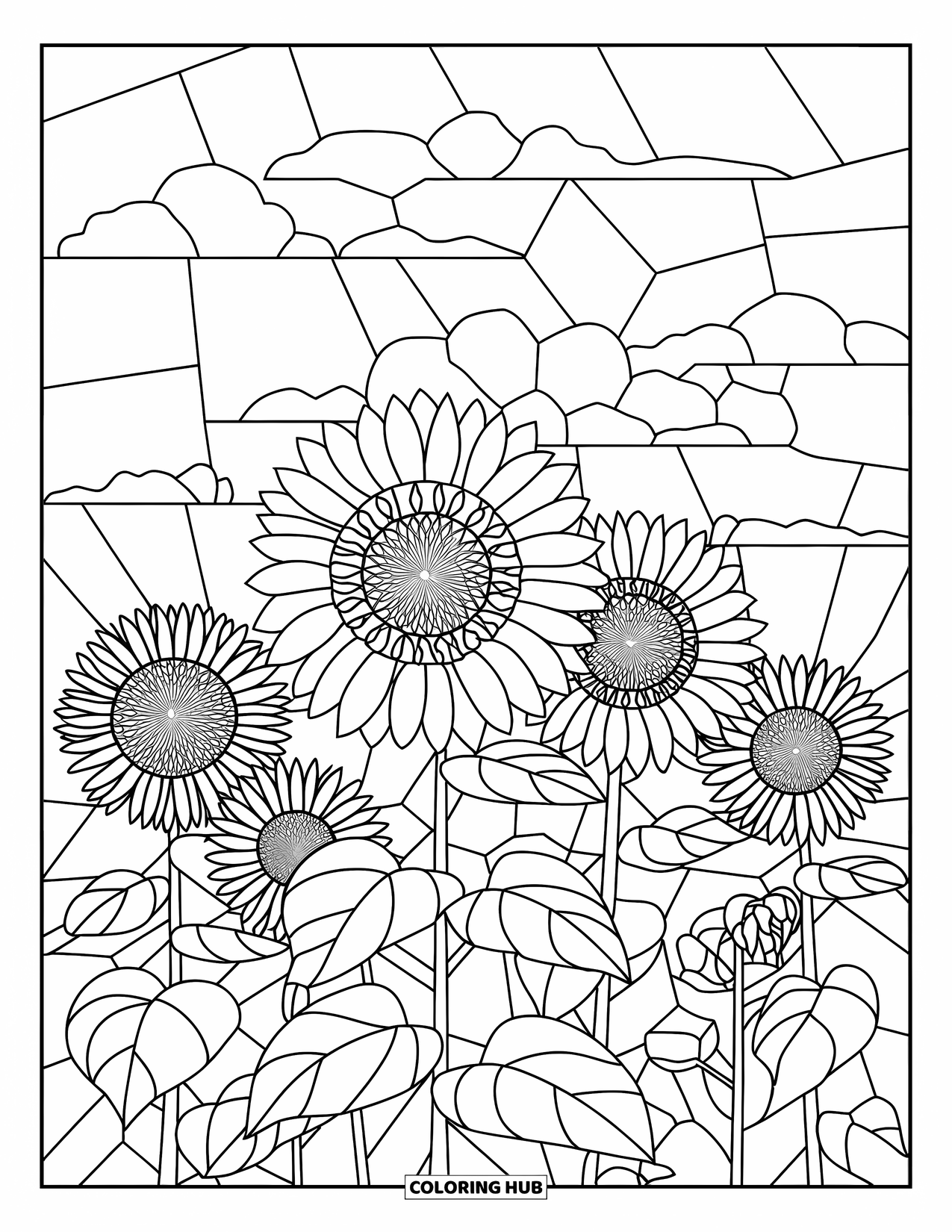 Desenho de Vitral para Colorir para Adultos: Campo de girassóis em vitral com céu claro acima