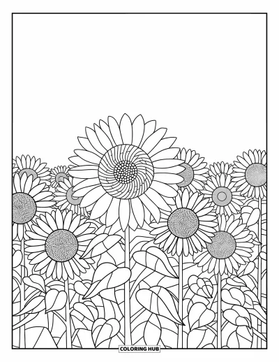 Stained Glass Coloring Page for Adults: Field of tall sunflowers with bold stained glass patterns