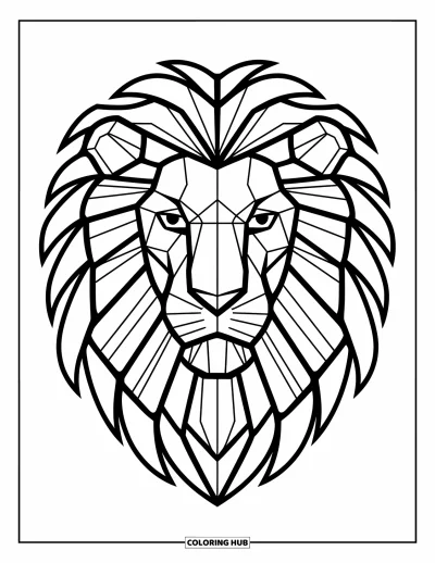 Stained Glass Coloring Page for Adults: Fierce lion with geometric features in stained glass style