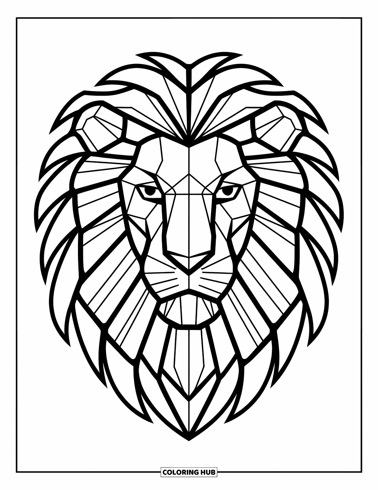 Desenho de Vitral para Colorir para Adultos: Leão feroz com características geométricas em estilo de vitral