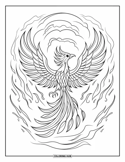 Stained Glass Coloring Page for Adults: Fiery stained glass phoenix flying through swirls of flame