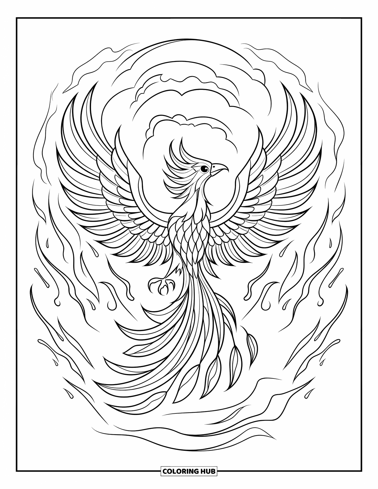 Desenho de Vitral para Colorir para Adultos: Fênix de vitral flamejante voando através de redemoinhos de chamas