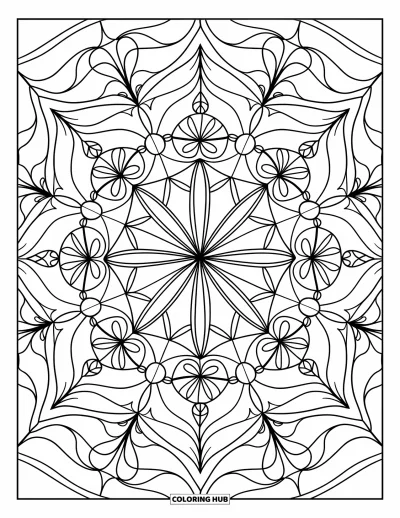 Stained Glass Coloring Page for Adults: Floral and star-filled stained glass mandala in a kaleidoscope pattern