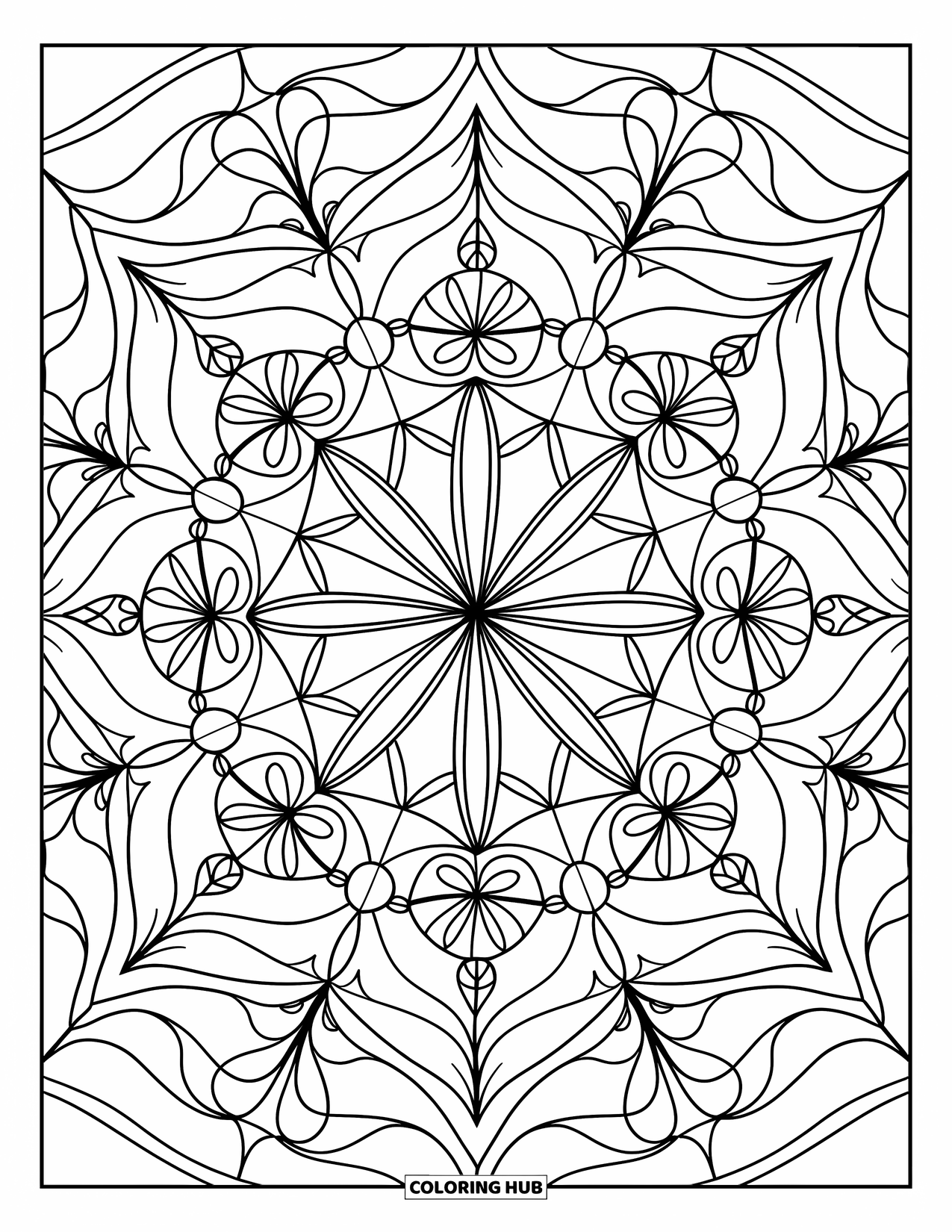 Desenho de Vitral para Colorir para Adultos: Mandala floral e cheia de estrelas de vitral em um padrão de caleidoscópio